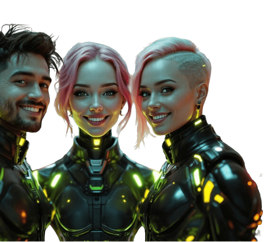 A group of three futuristic individuals with pink hair and sleek, glowing suits, exuding a friendly and advanced technological vibe.