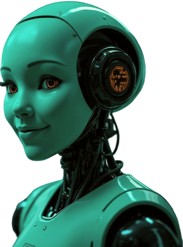 A futuristic robot with a teal exterior and glowing eyes, showcasing advanced technology and a friendly expression.
